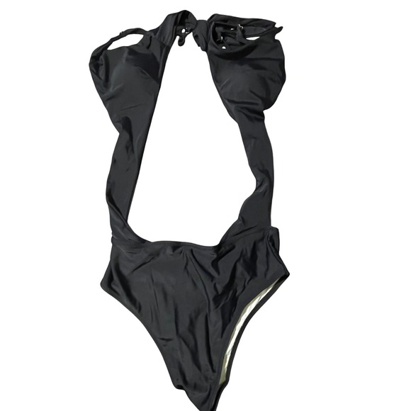 Black One Piece Swimsuit Halter Neck Tie‎ Back Beachwear Size M Medium - Picture 1 of 6